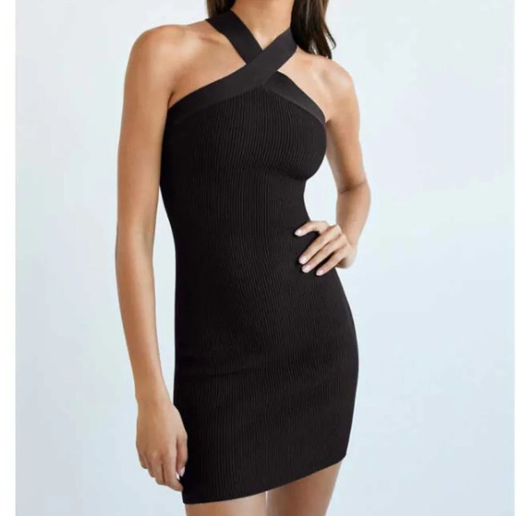 Sincerely Jules Ribbed Knit Criss Cross Mini Dress Black Size Medium - Picture 1 of 5